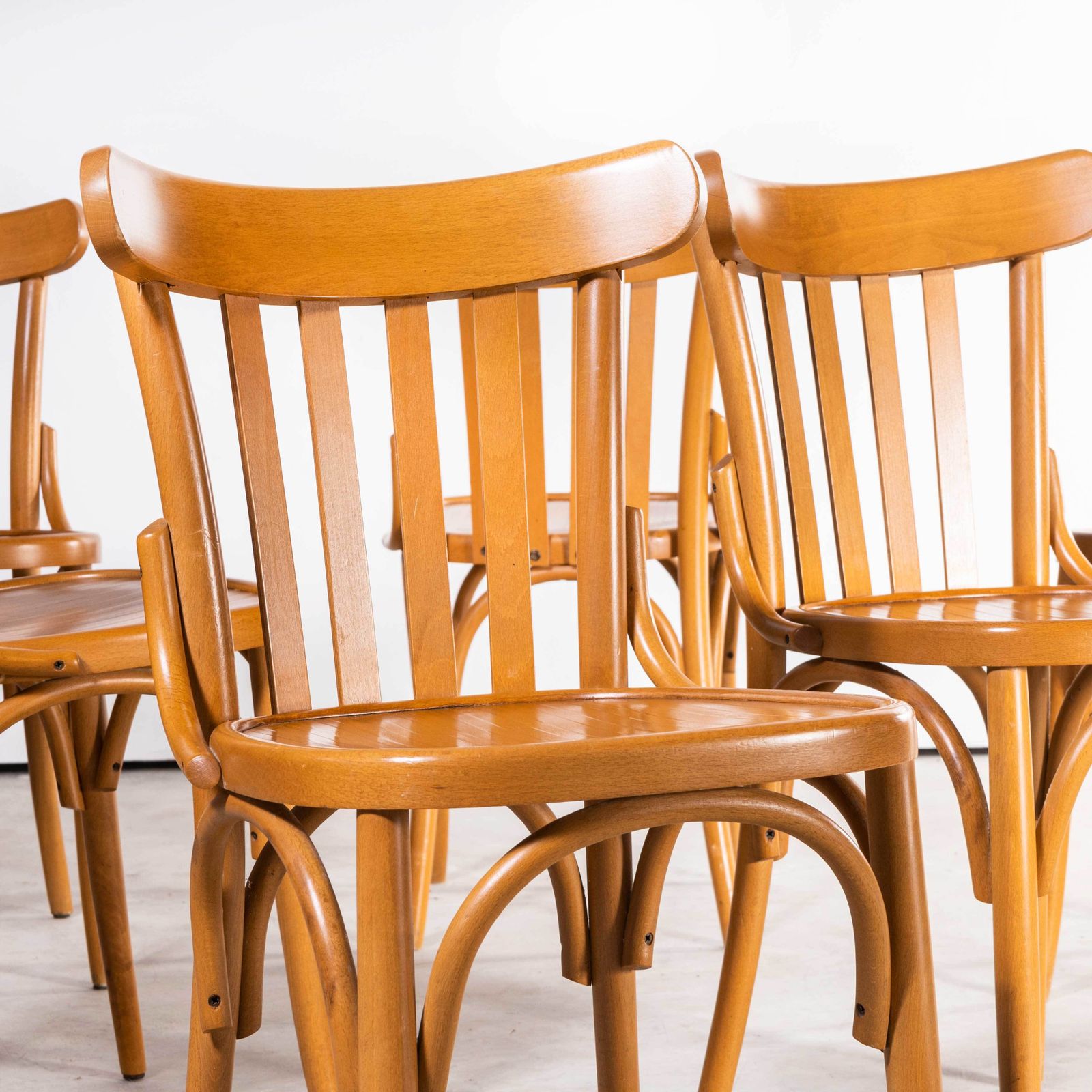 1970’s Bentwood Honey Beech Striped Seat Bentwood Dining Chairs – Set Of Six photo furniture