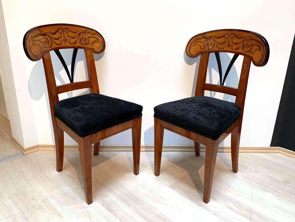 Pair Of Biedermeier Shovel Chairs Walnut, Ink Painting South Germany Ca. 1830 photo for sale