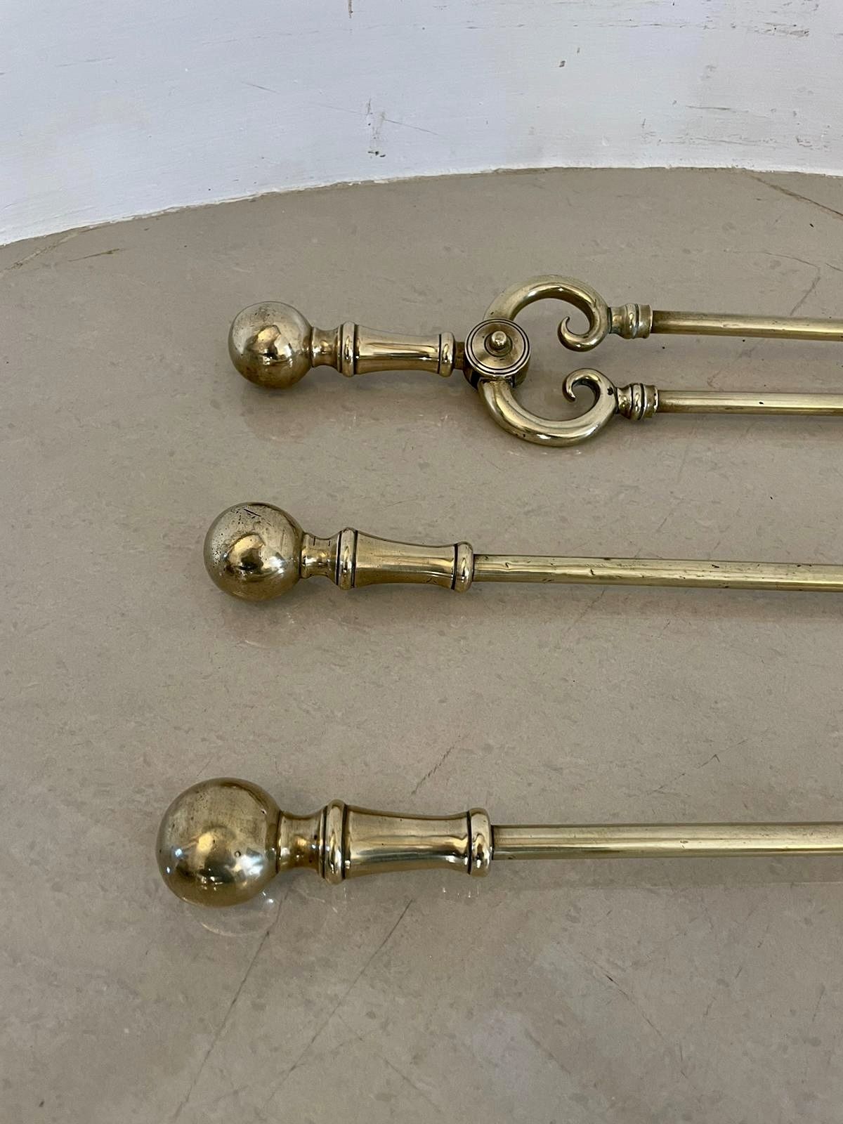 Antique 19th Century Quality Set Of 3 Brass Fire Irons photo for sale