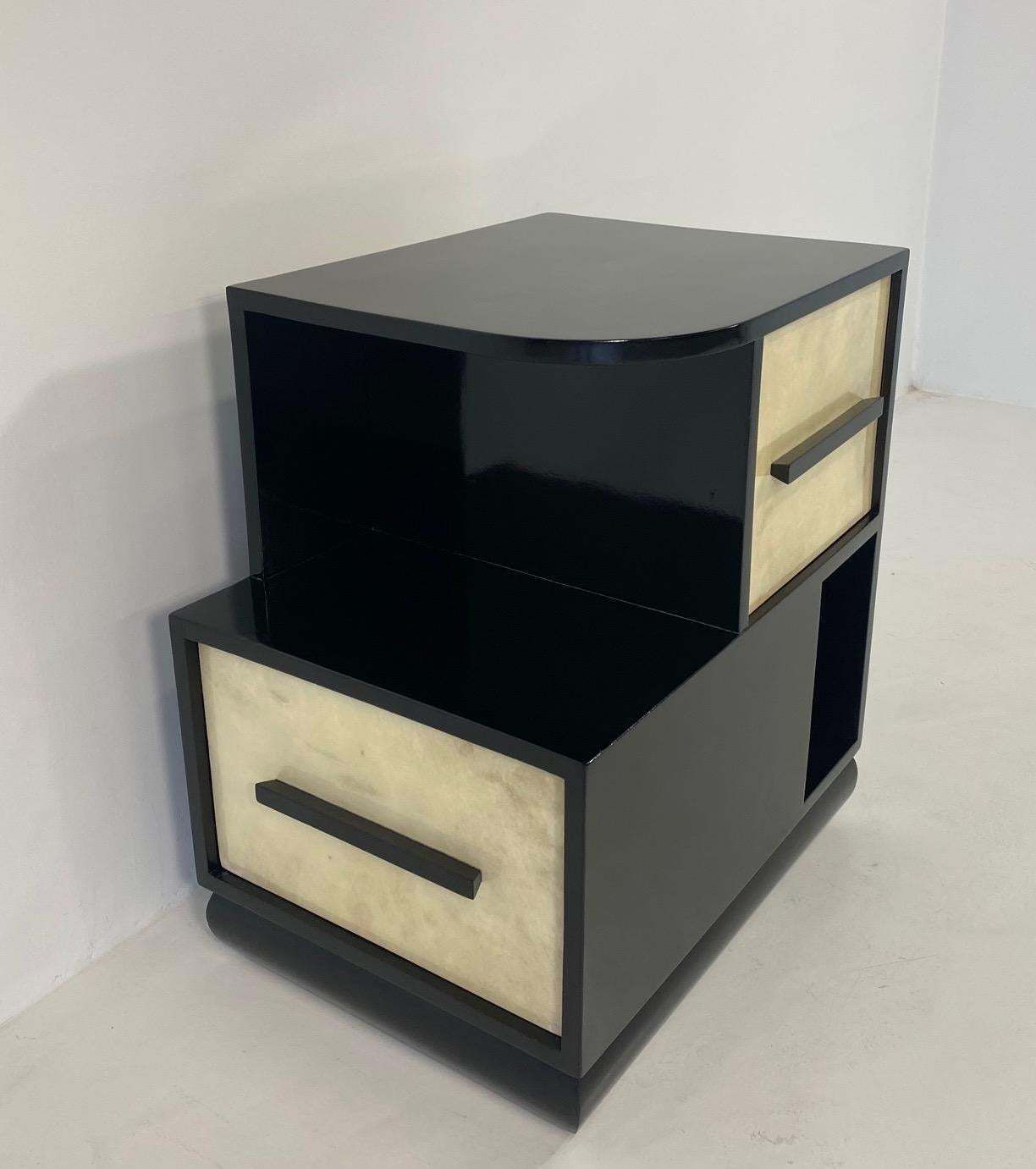 Furniture Italian Art Deco Parchment And Black Lacquer Cabinet, 1940s photo