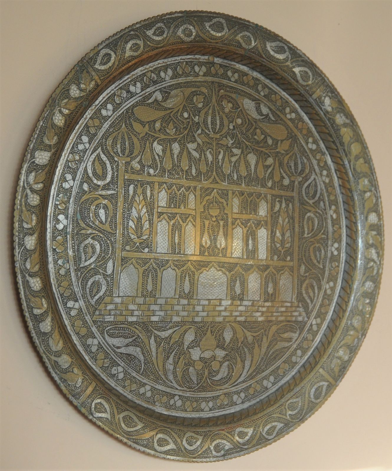 Antique Brass Indian Islamic Mughal Style Finely Engraved Large Tray / Charger With Niello photo Art