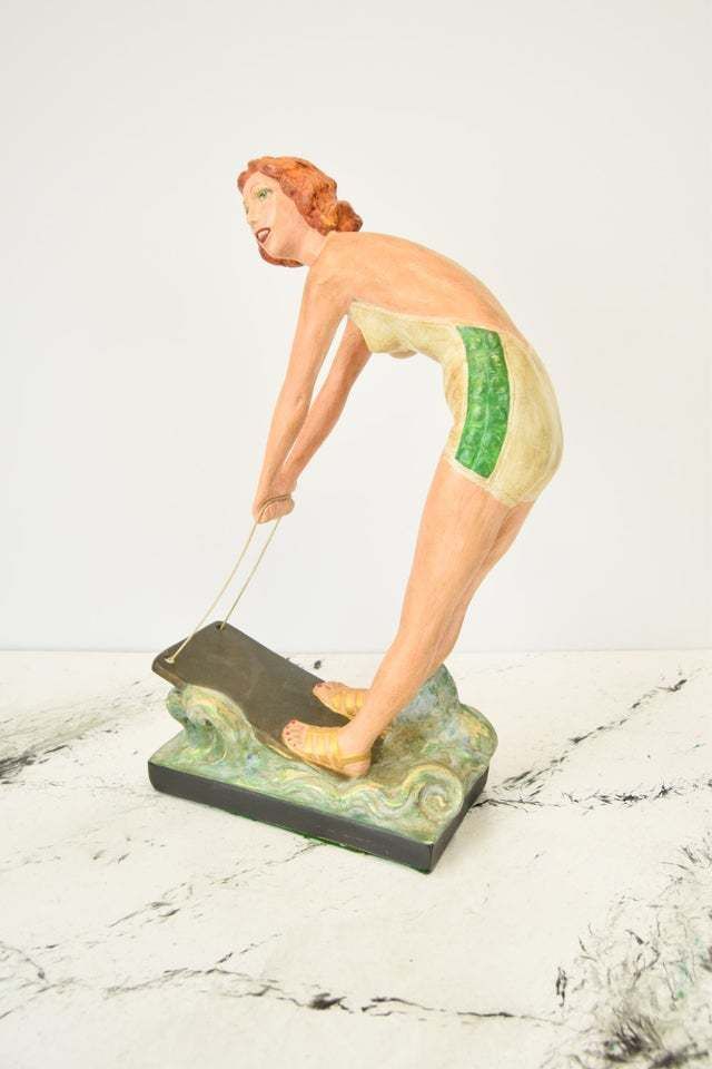 Art Deco Chalkware / Plaster Of Paris Figure Of A Water Skiing Woman / Girl photo for sale
