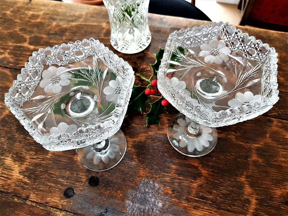 Pair Of Ornate 1950's Hexagonal Bon Bon Dishes In Heavy Vintage Crystal photo for sale
