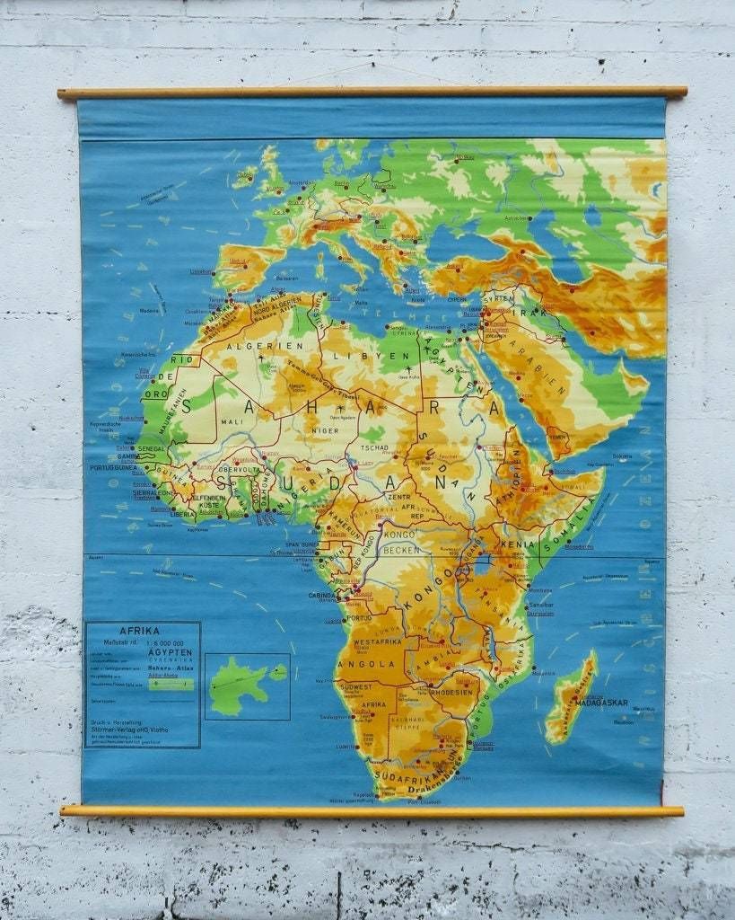 Original Huge Large Vintage Mid Century Double Sided German Educational School Wall Chart Africa African Continent Map Beautiful