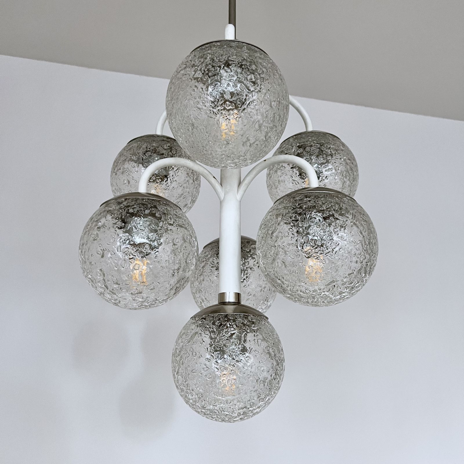 Belgian Mid Century Chandelier With Textured Glass Shades photo vintage