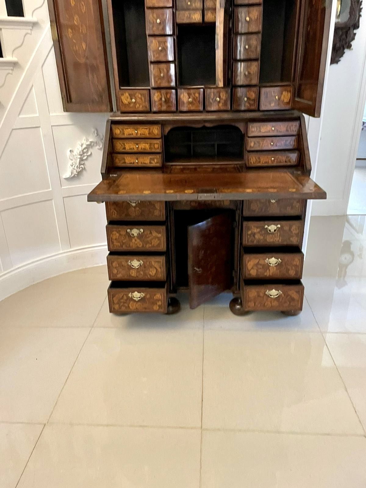 Antique Outstanding Quality Burr Walnut Inlaid Marquetry Double Dome Bureau photo vintage