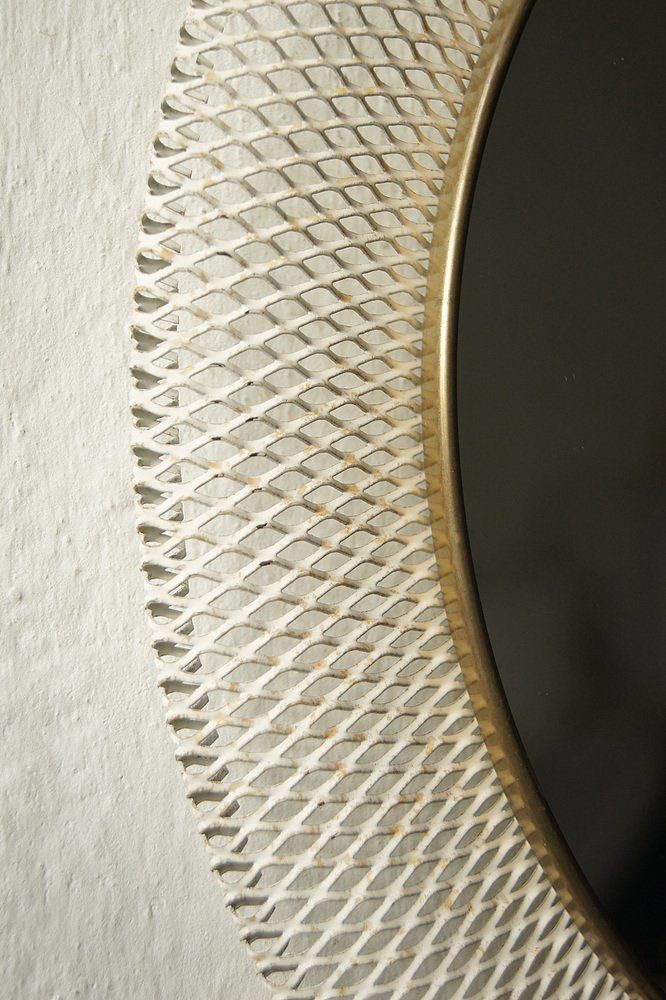 Mid Century White & Brass Metal Mirror From Vereinigte Münchner Werkstätten, 1950s photo for sale