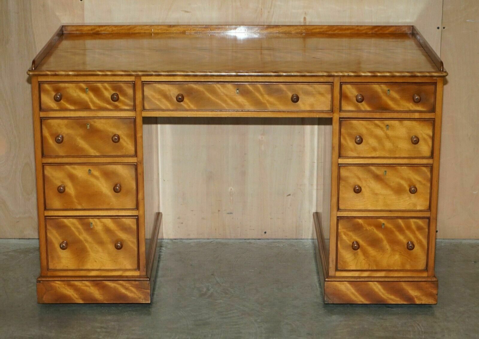 Antique Victorian Fully Stamped Morris & Co Circa 1880 Satinwood Pedestal Desk photo for sale