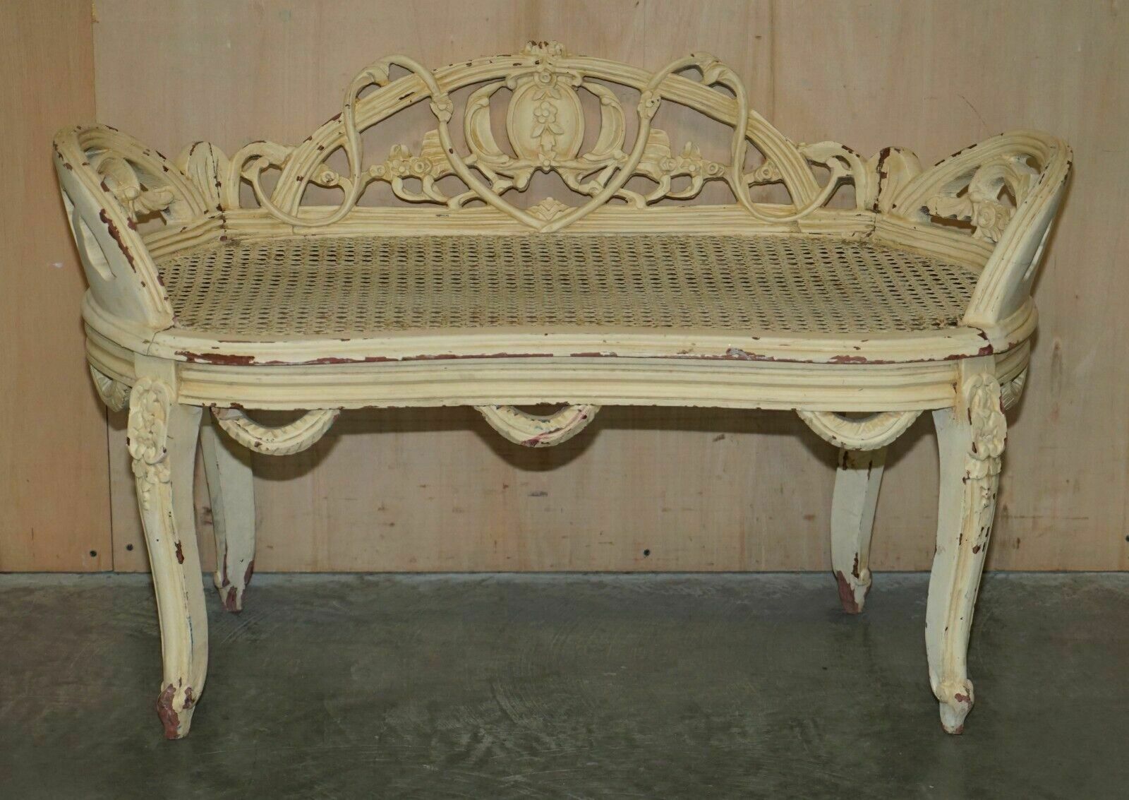 Antique French Shabby Chic Bergere Window Seat Bench Original Paint Finish photo furniture