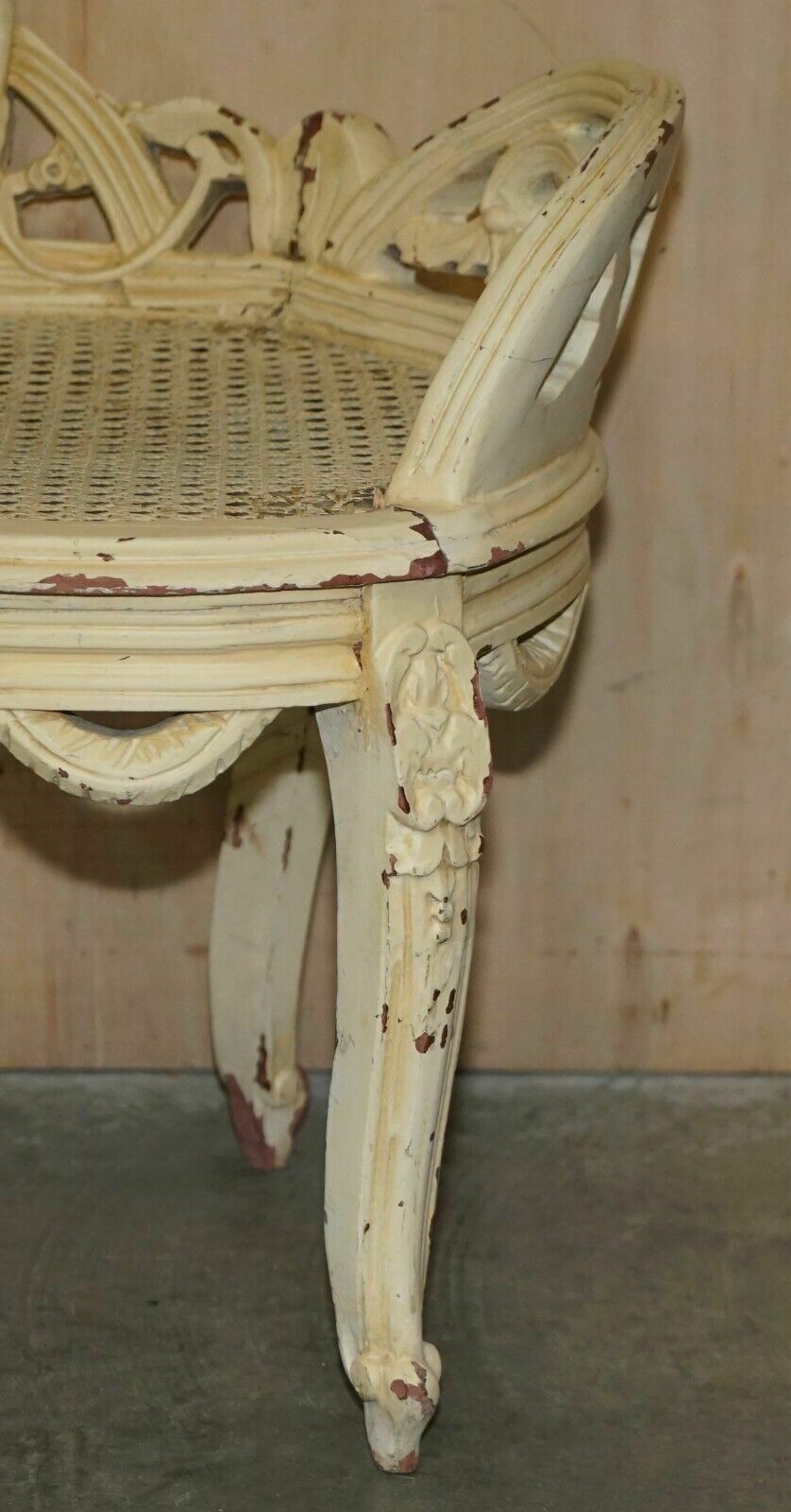 Antique French Shabby Chic Bergere Window Seat Bench Original Paint Finish photo vintage