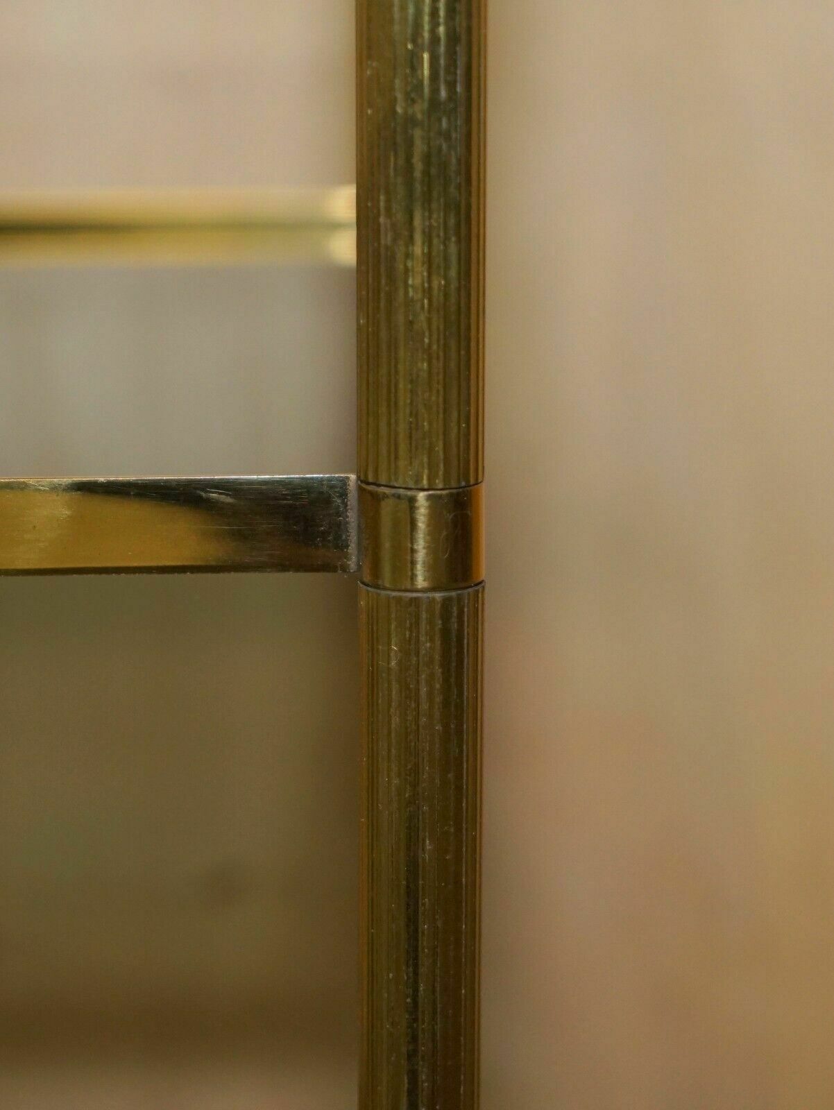 Fine Pair Of Mid Century Modern Brass And Smoked Glass Three Tier Etagere Tables photo vintage