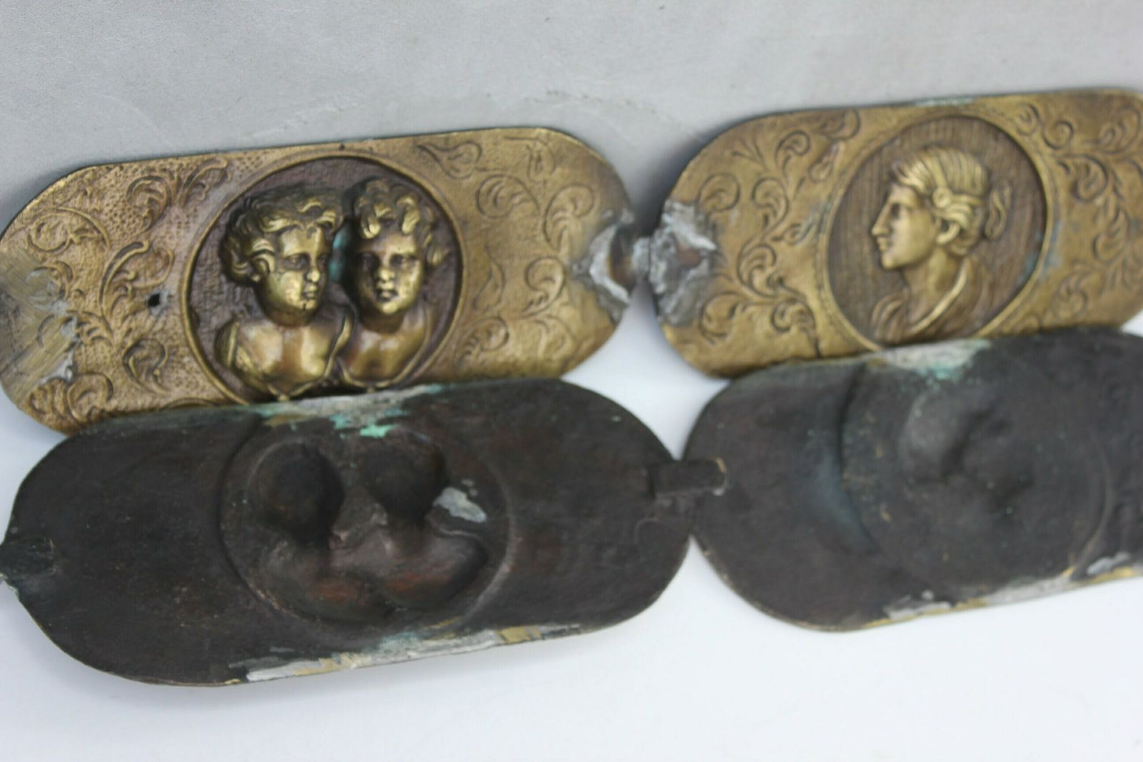 photo for sale Italian Salvage Rare Relief Metal Plaque, 4 Cooper Bar Reliefs Wall Art Panels Funeral Wall Tile