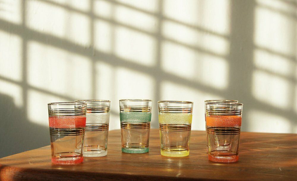 Set Of Frost & Gold Bands Glasses, 1950s, Set Of 6 photo for sale