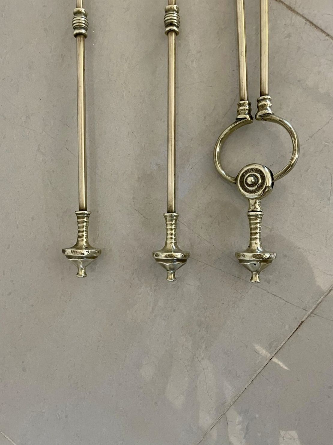 Antique Quality Set Of 3 Brass Fire Irons photo for sale
