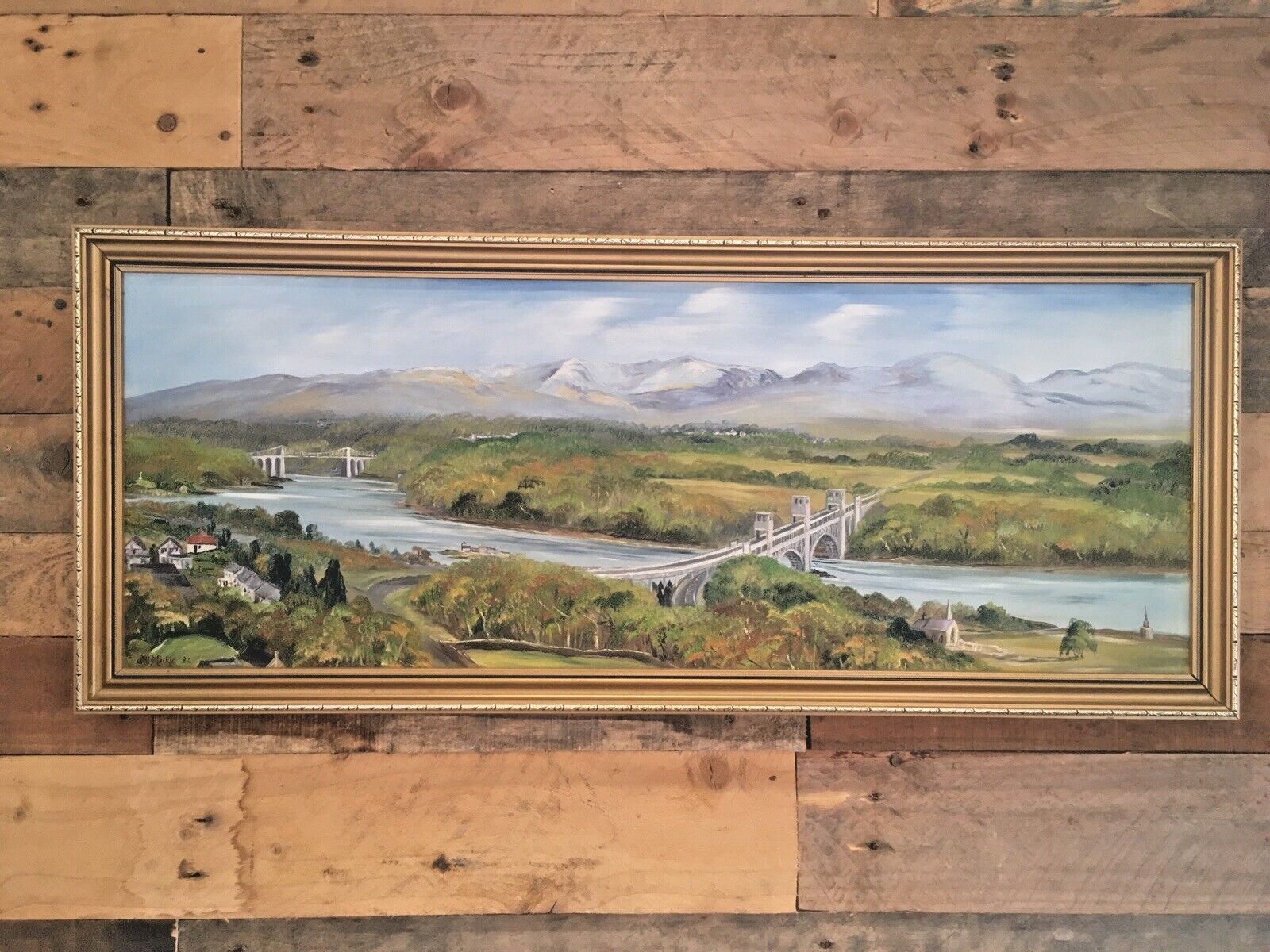 Huge Jill Mickle Framed Painting Menai Britannia Bridge Anglesey Nelsons Statue photo furniture