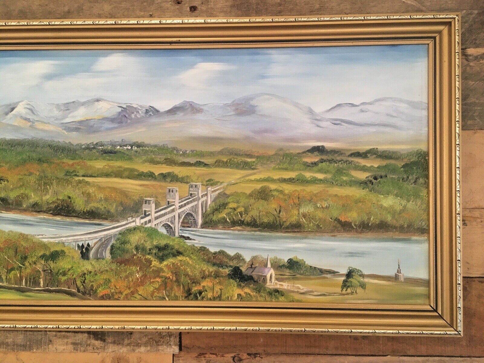 Huge Jill Mickle Framed Painting Menai Britannia Bridge Anglesey Nelsons Statue photo Art