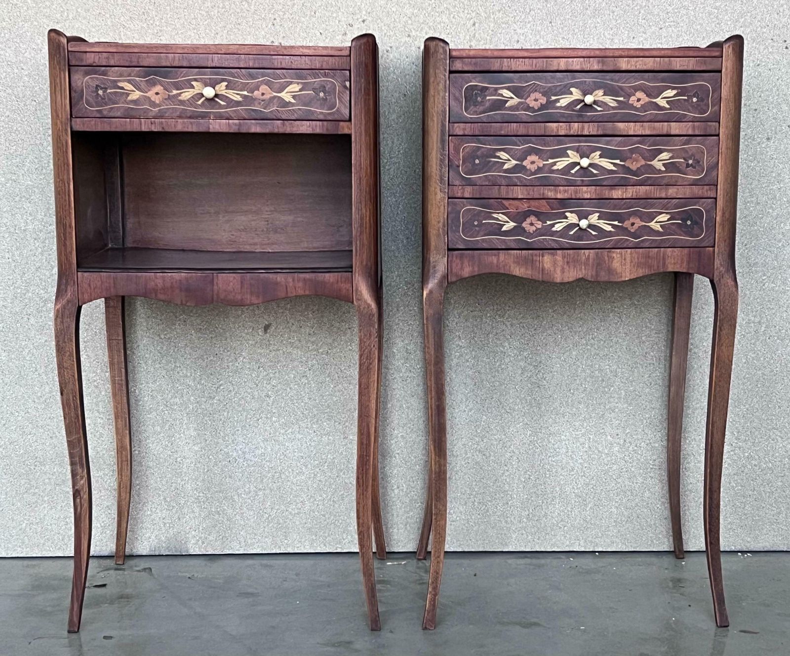 20th Century Pair Of Marquetry Darkness Walnut Nightstands Tables With Drawers photo furniture