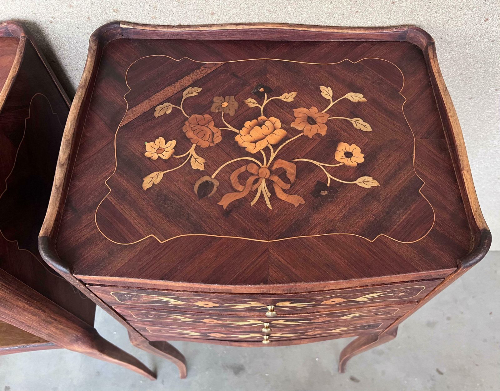 20th Century Pair Of Marquetry Darkness Walnut Nightstands Tables With Drawers photo vintage