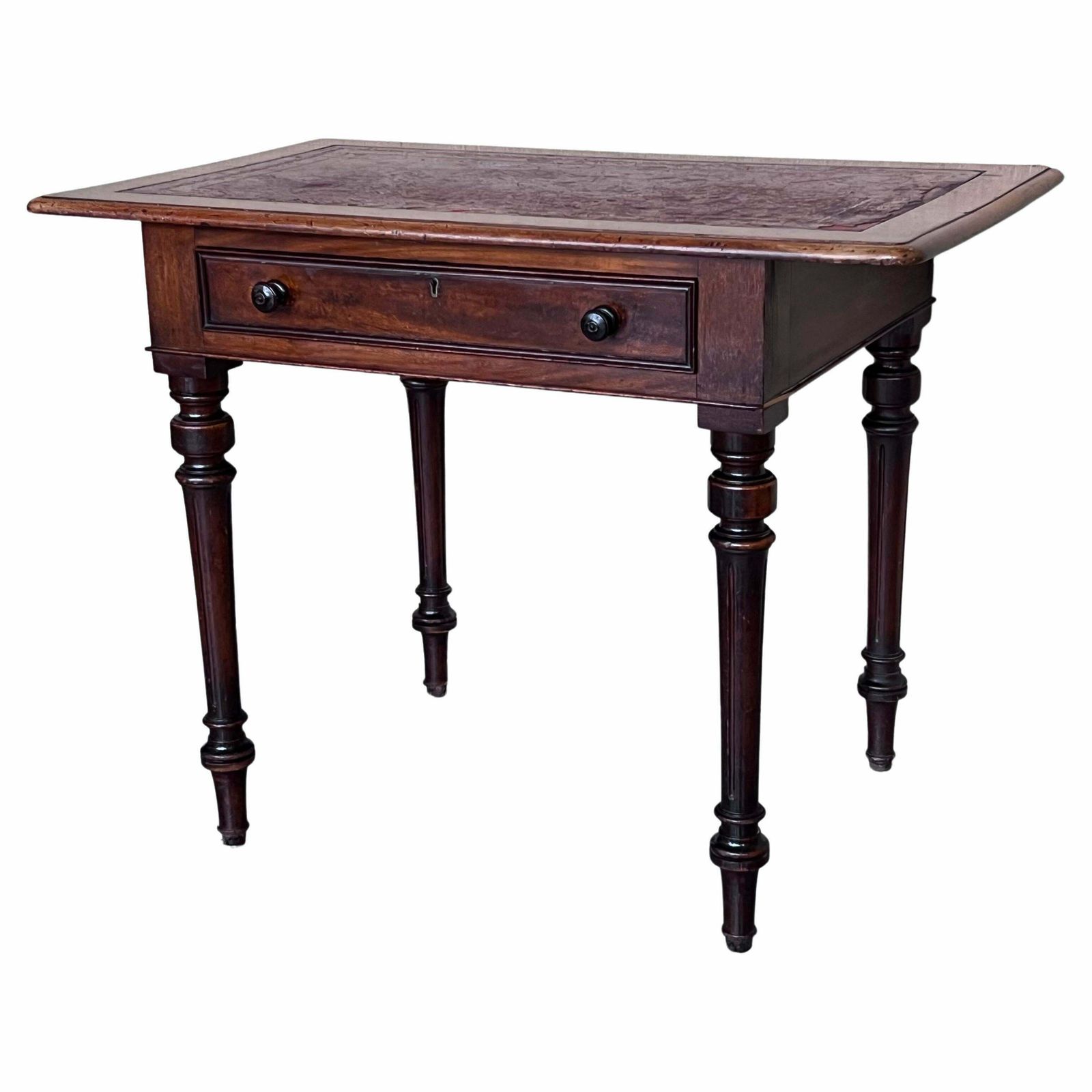 Table d'appoint rustique espagnole en pin, deux tiroirs et plateau en cuir