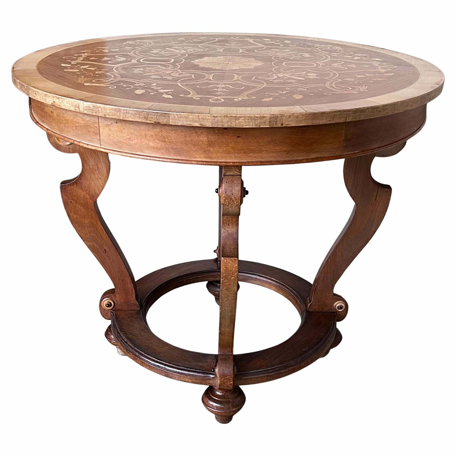 20th French Marquetry Round Center Table With Four Cabriole Legs '2 Available'