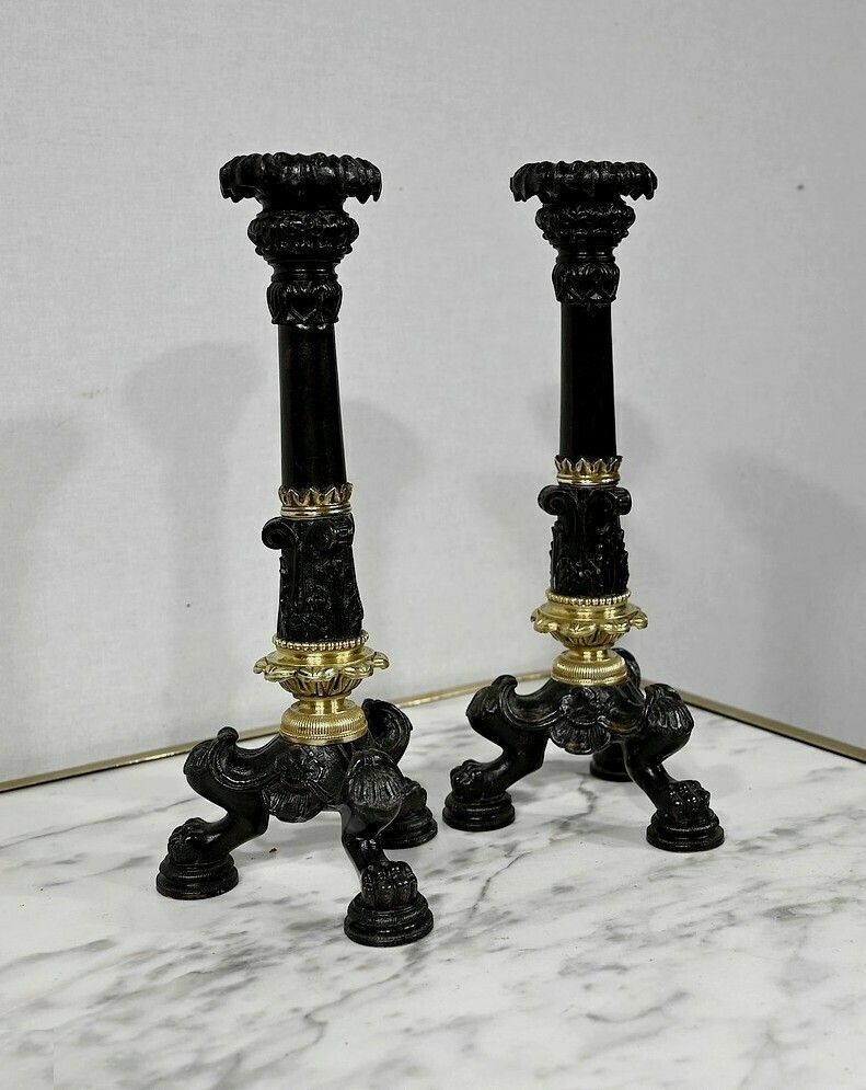 Pair Of Bronze Candlesticks, Restoration Period, Early 19th Century photo for sale