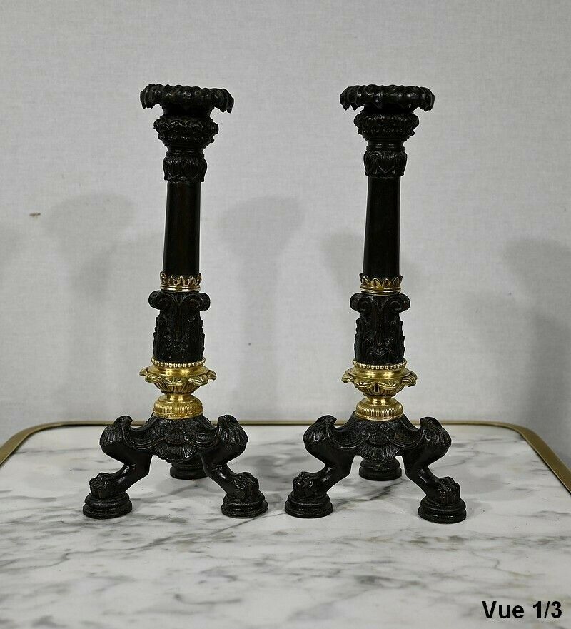 photo furniture Pair Of Bronze Candlesticks, Restoration Period, Early 19th Century