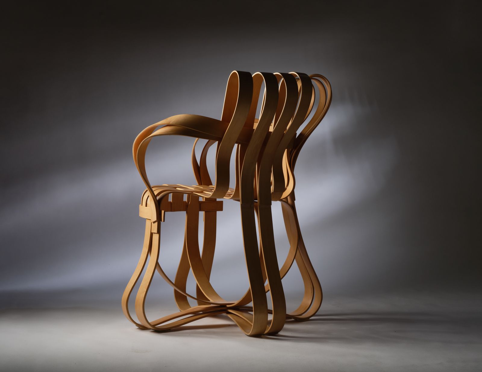 photo furniture Extremely Rare Frank Gehry For Knoll White Maple Bentwood 'Cross Check' Chairs, Circa 1990's.