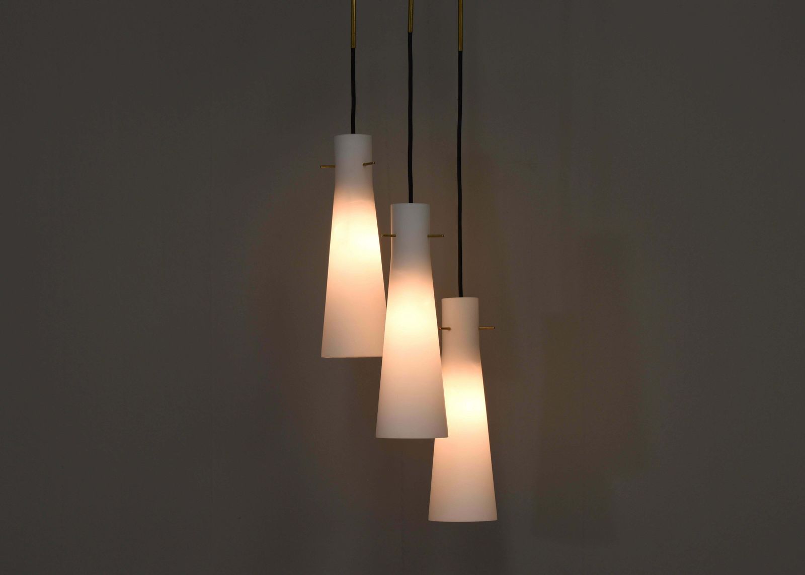 Stilnovo Chandelier With Opaline Glass Shades And Brass – Italy, Circa 1950 photo for sale