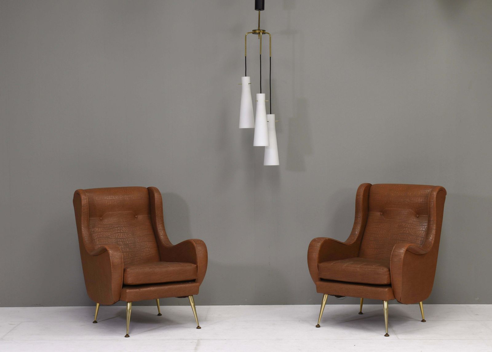 photo for sale Stilnovo Chandelier With Opaline Glass Shades And Brass – Italy, Circa 1950