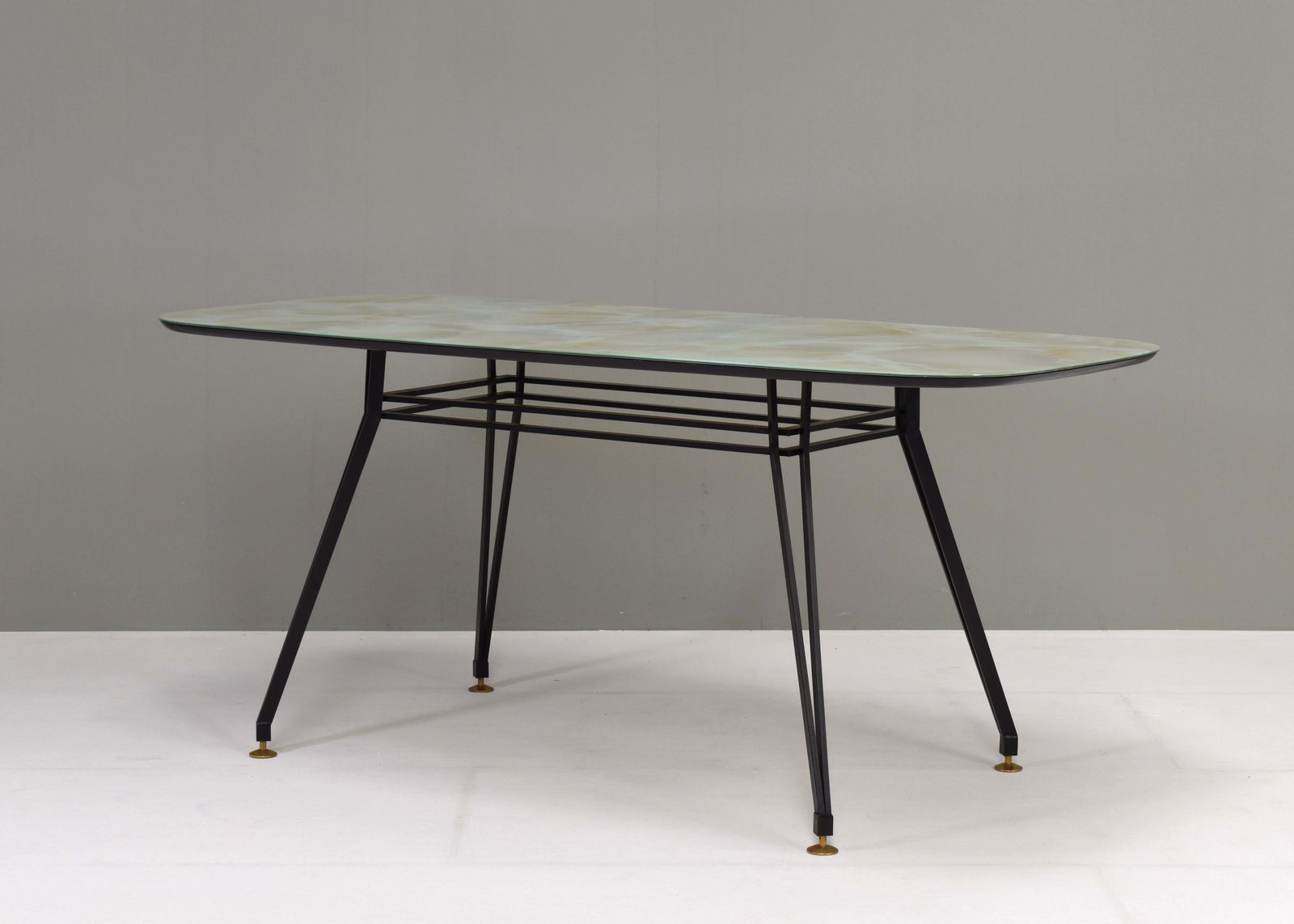1950's Italian Dining Table With Metal Base, Glass Top And Brass Details photo furniture
