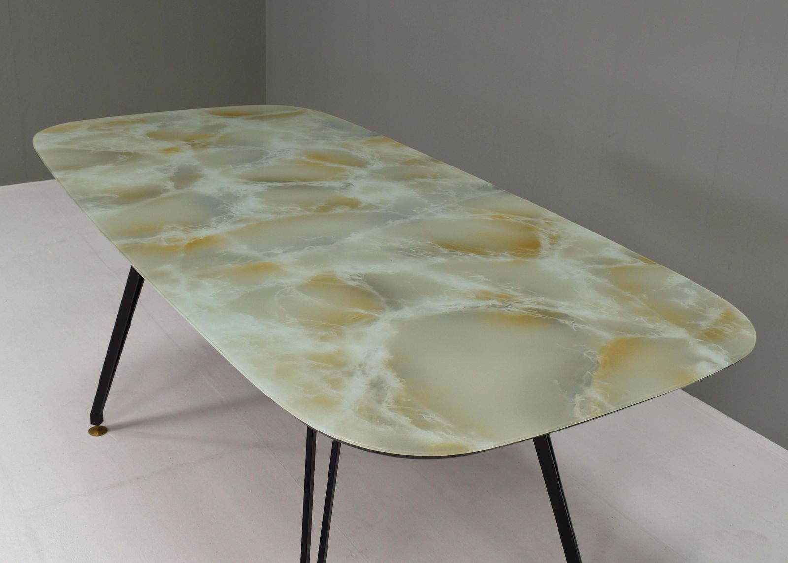 1950's Italian Dining Table With Metal Base, Glass Top And Brass Details photo buy