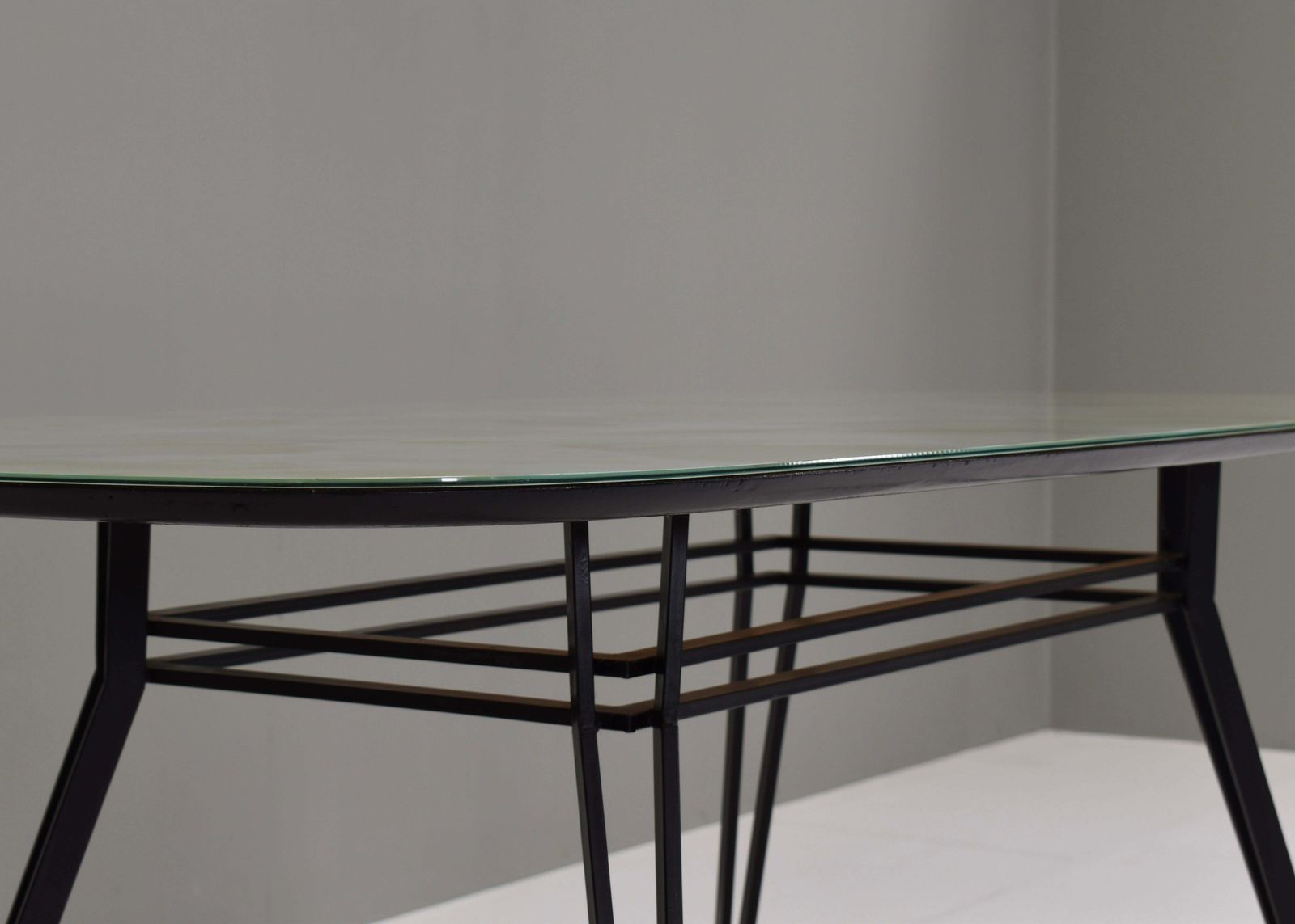 photo for sale 1950's Italian Dining Table With Metal Base, Glass Top And Brass Details