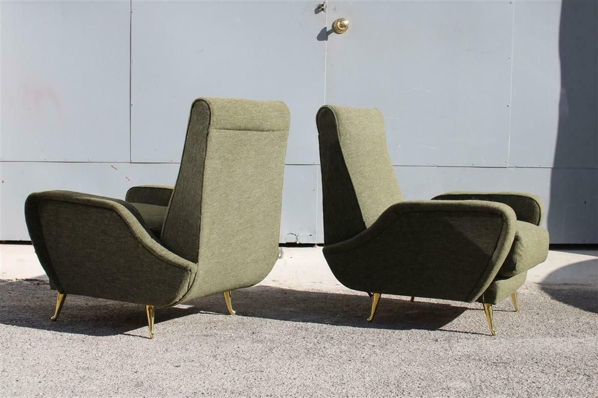 Mid Century Pair Armchairs Isa Bergamo 1950s Green Fabric Brass Feet photo furniture