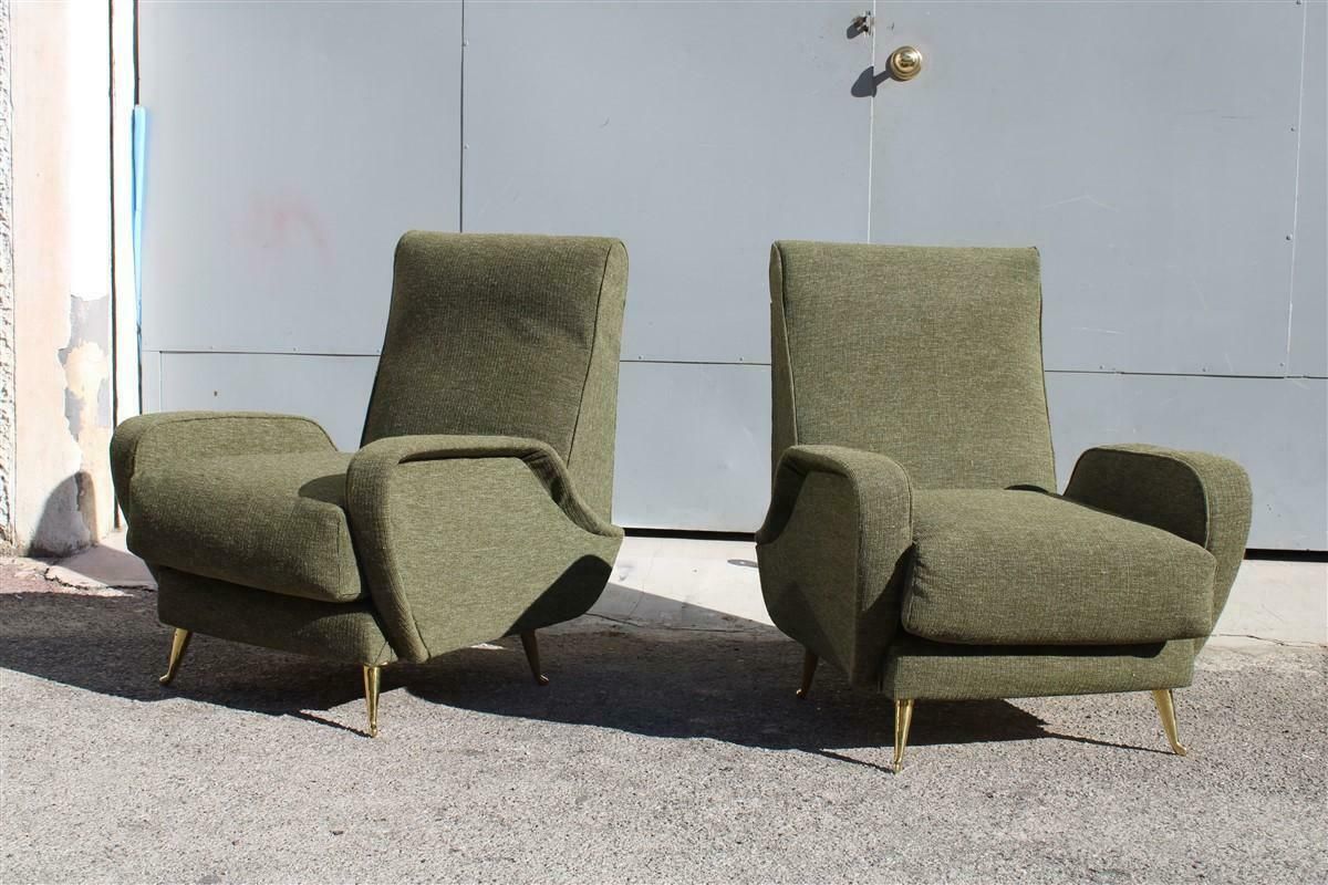 Mid Century Pair Armchairs Isa Bergamo 1950s Green Fabric Brass Feet photo for sale