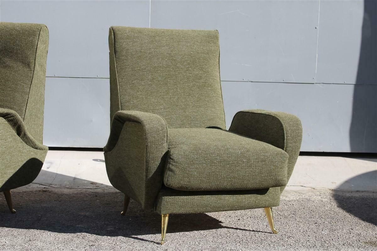 Mid Century Pair Armchairs Isa Bergamo 1950s Green Fabric Brass Feet photo 6235.0