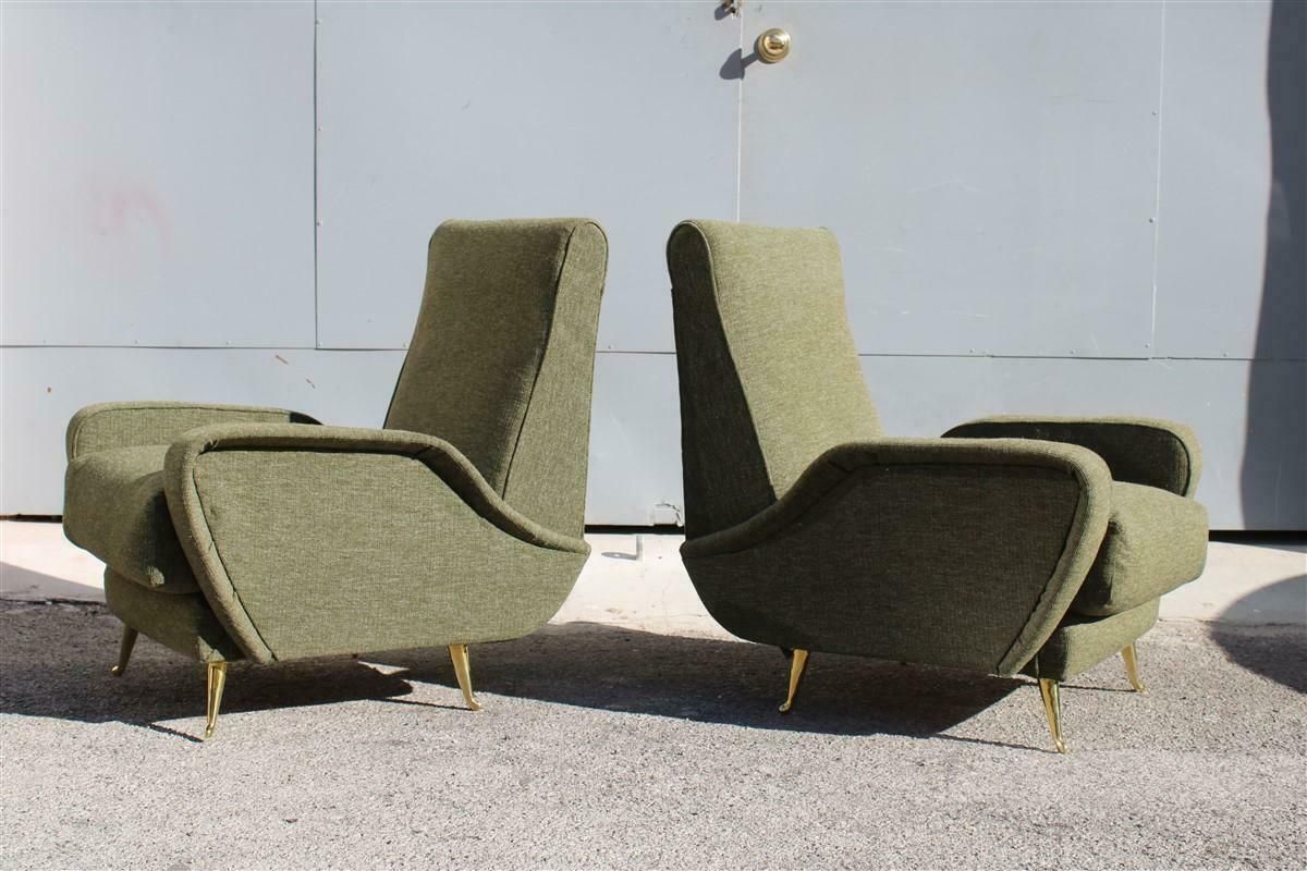 Mid Century Pair Armchairs Isa Bergamo 1950s Green Fabric Brass Feet photo buy