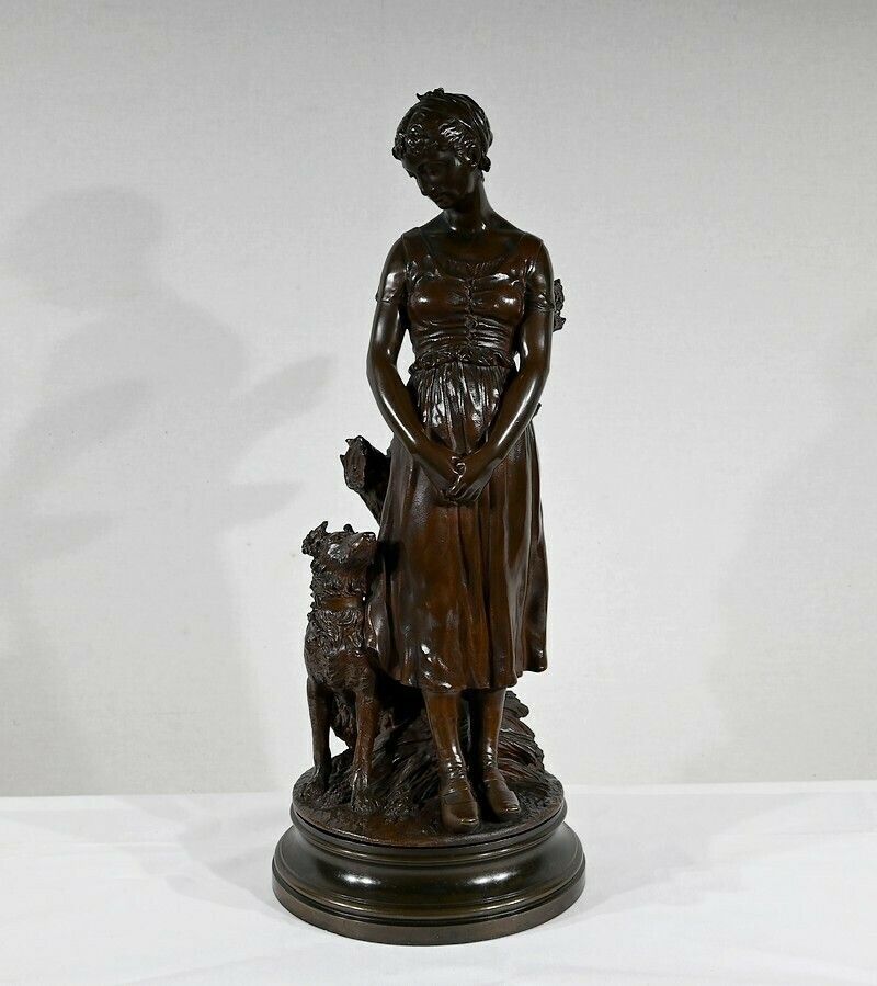 Bronze "The Young Woman With A Dog", Signed El.Truffot   2nd Half Of The 19th Century