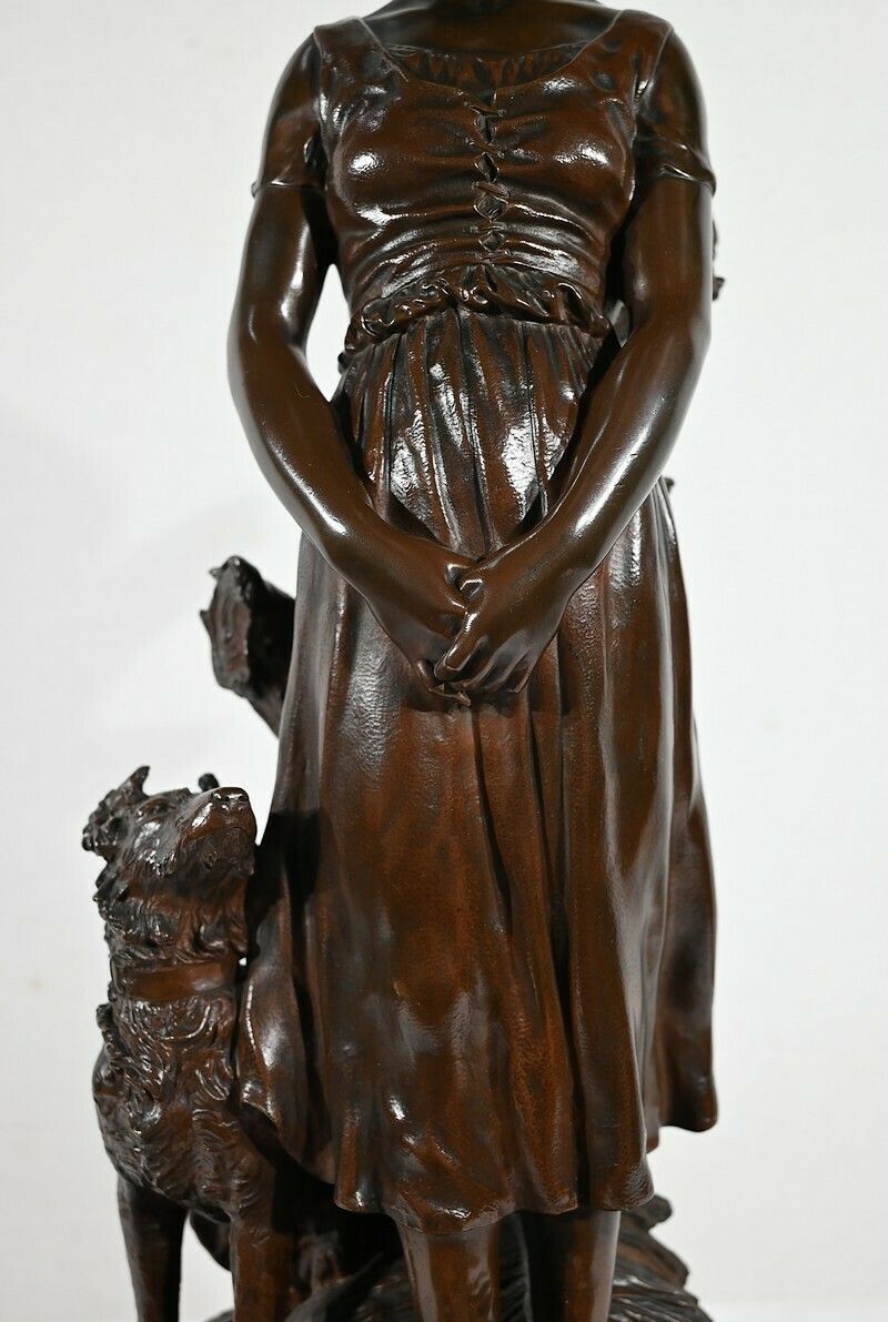 photo for sale Bronze "The Young Woman With A Dog", Signed El.Truffot   2nd Half Of The 19th Century