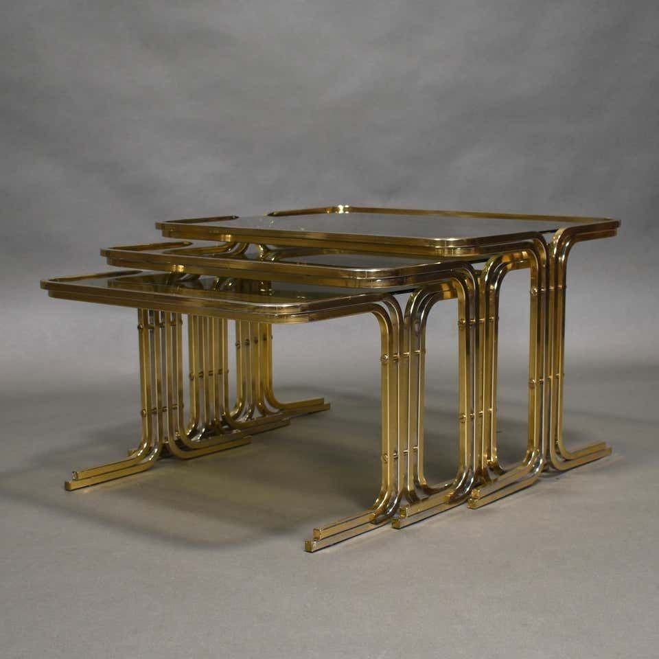 Italian 1970s Nesting Tables Gold / Smoked Glass, Italy, Circa 1970 photo furniture