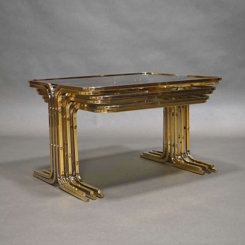 Italian 1970s Nesting Tables Gold / Smoked Glass, Italy, Circa 1970 photo for sale