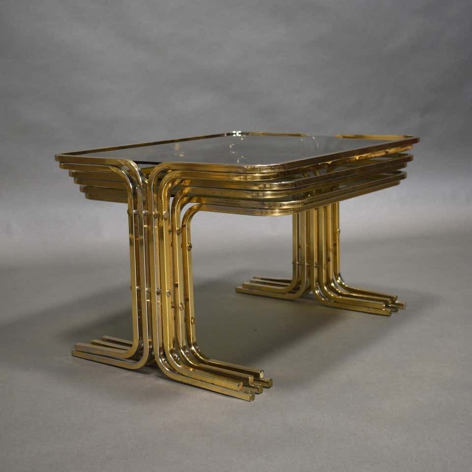 Italian 1970s Nesting Tables Gold / Smoked Glass, Italy, Circa 1970 photo Furniture