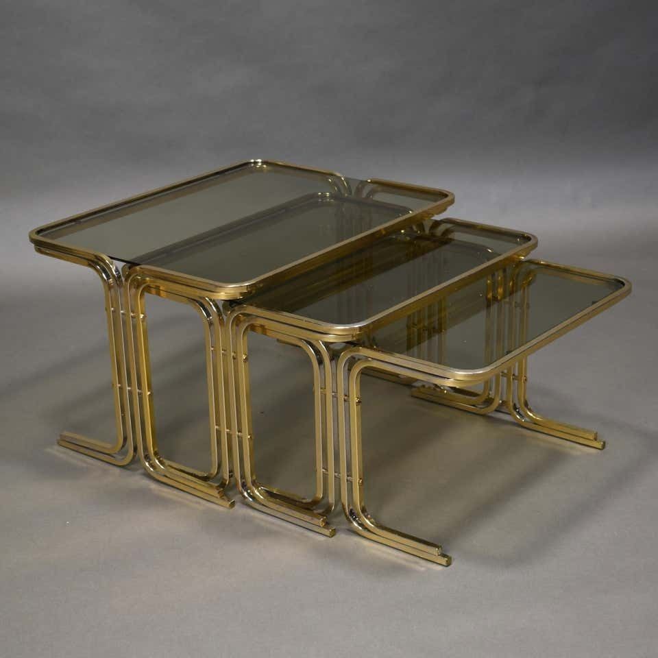Italian 1970s Nesting Tables Gold / Smoked Glass, Italy, Circa 1970 photo vinterior