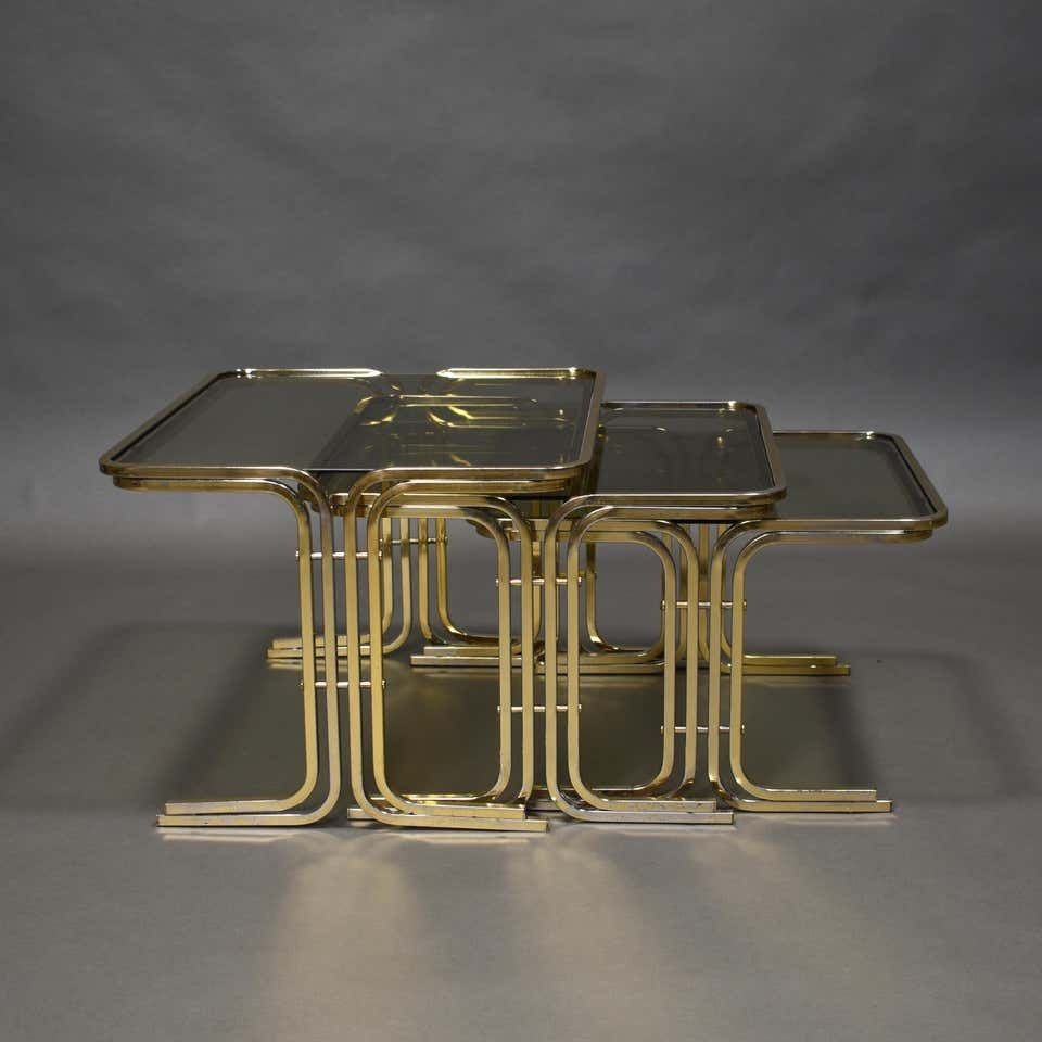 Italian 1970s Nesting Tables Gold / Smoked Glass, Italy, Circa 1970 photo vintage