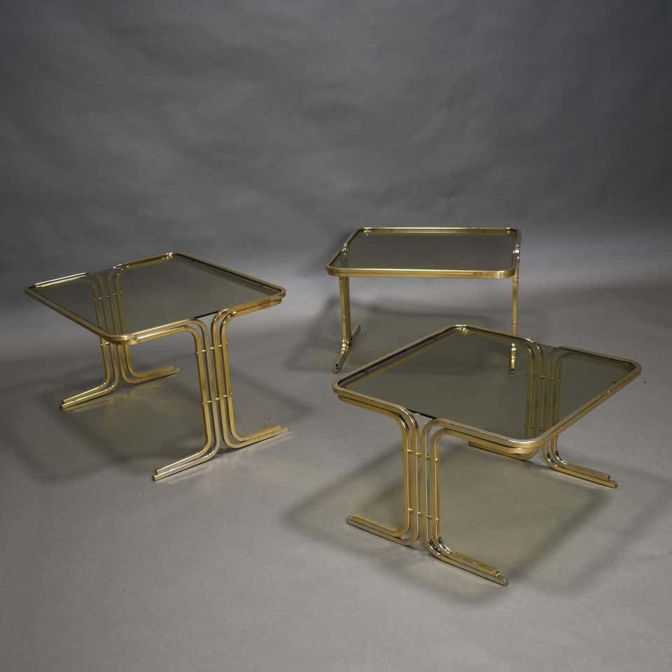 Furniture Italian 1970s Nesting Tables Gold / Smoked Glass, Italy, Circa 1970 photo
