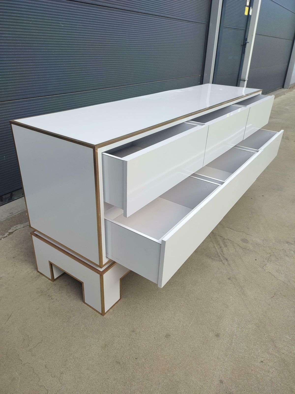 White Credenza With Brass Details From Alain Delon For Maison Jansen, France photo buy