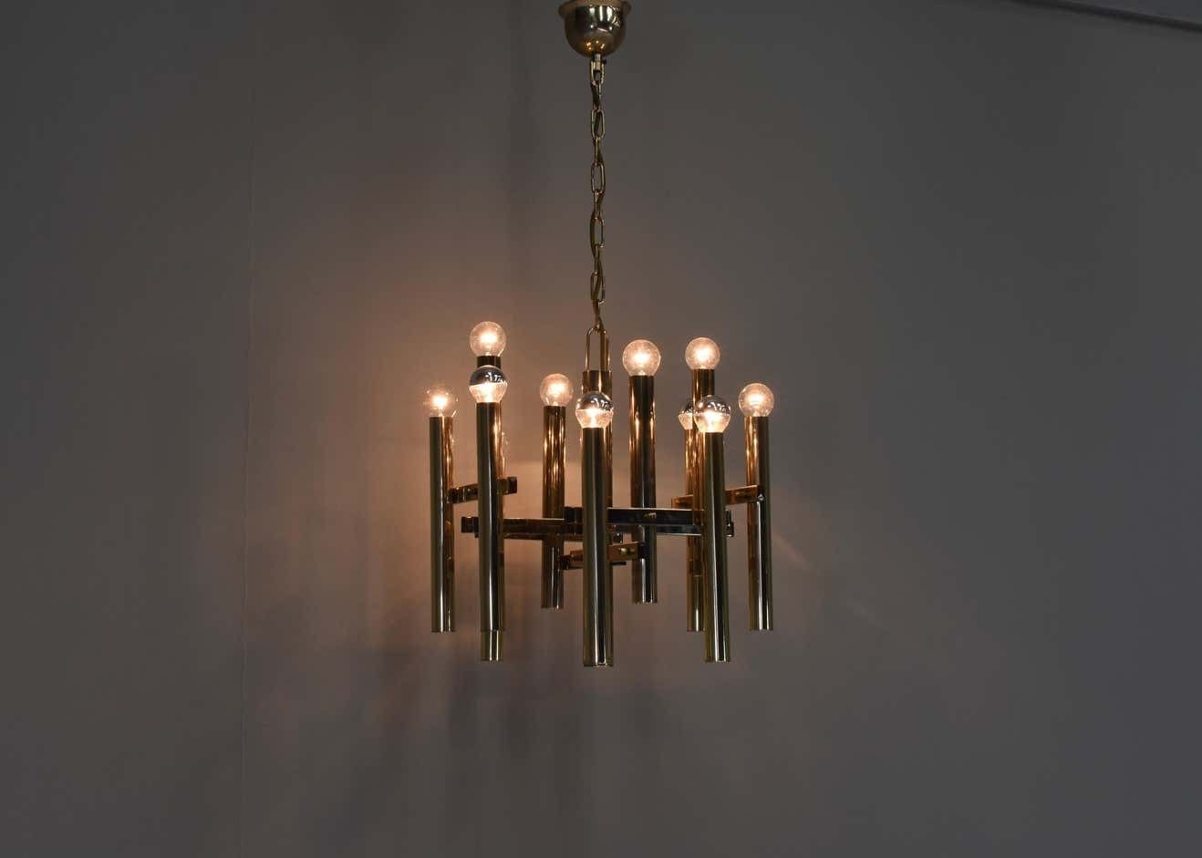 Gaetano Sciolari Chandelier 12 Spot Brass Pendant Lamp, Italy, Circa 1970 photo vinterior