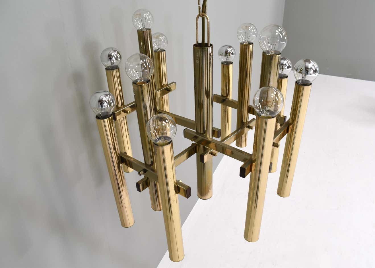 photo furniture Gaetano Sciolari Chandelier 12 Spot Brass Pendant Lamp, Italy, Circa 1970