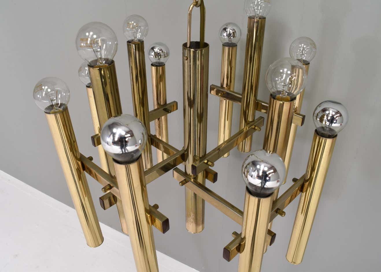 photo for sale Gaetano Sciolari Chandelier 12 Spot Brass Pendant Lamp, Italy, Circa 1970