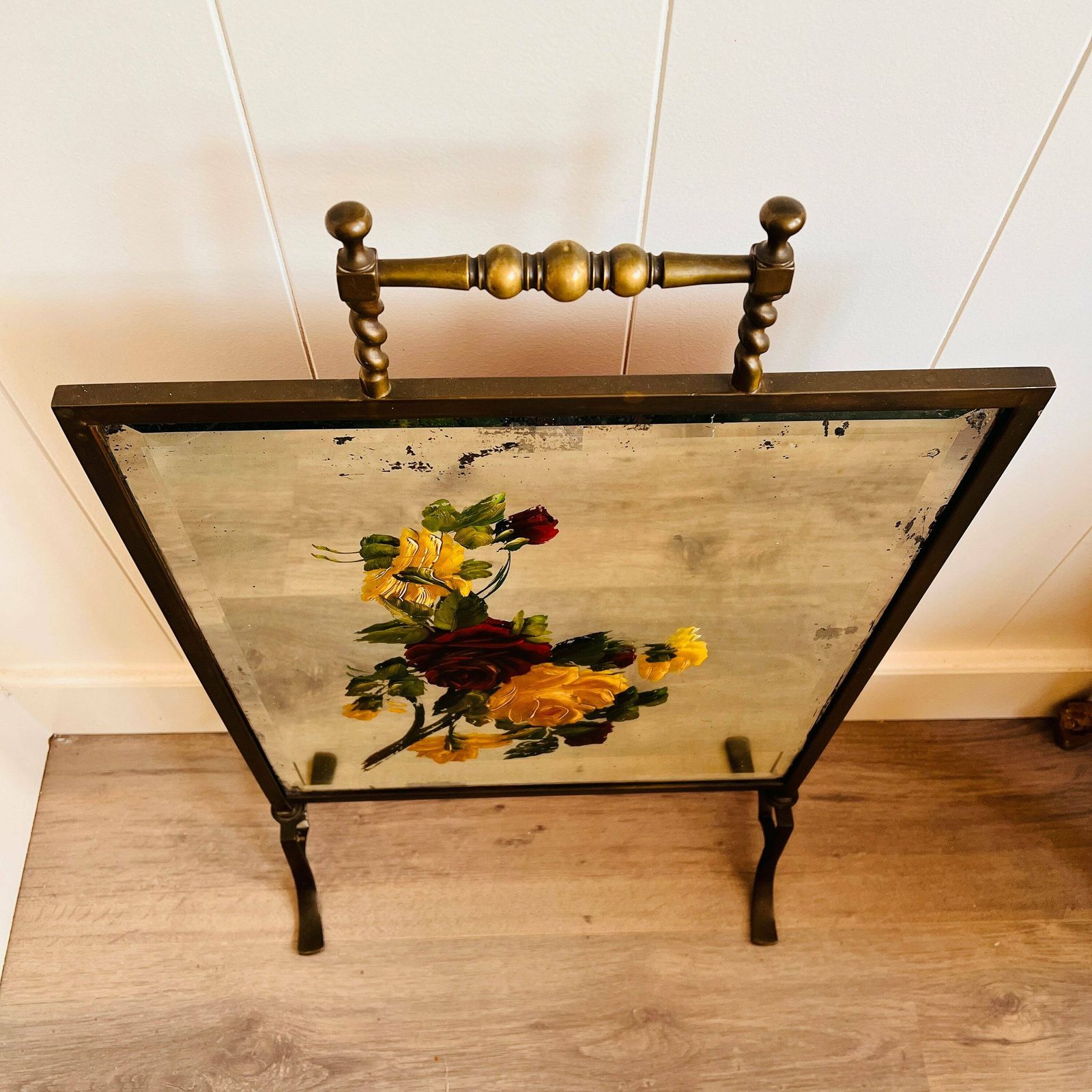 Victorian Brass Mirrored Hand Painted Flowers, Bevelled Mirror, Art Nouveau Fireplace Screen photo furniture