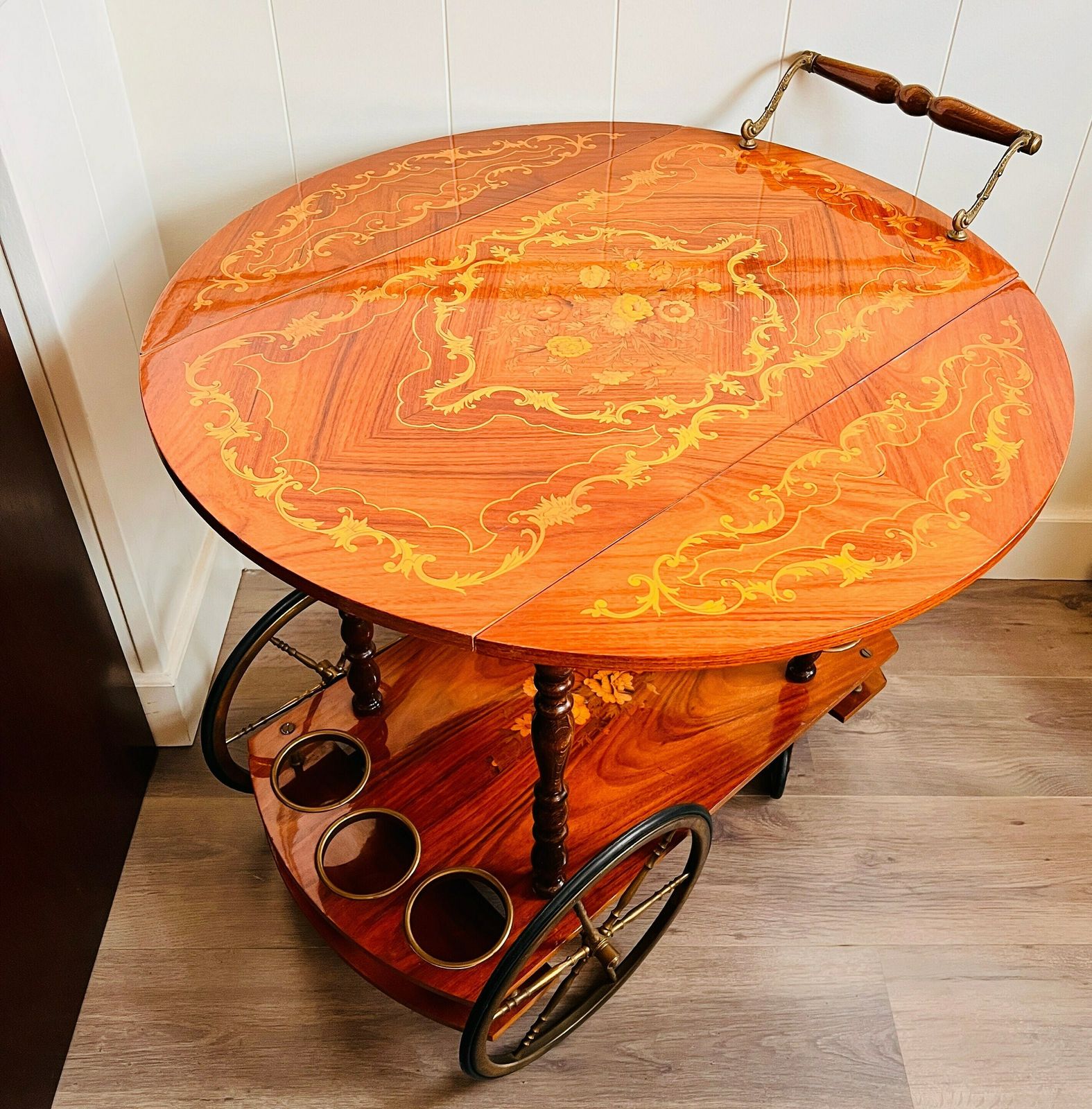 Magnificent Foldable Trolley Hollywood Regency Italian Inlaid Bar Cart From The 1960 photo Furniture